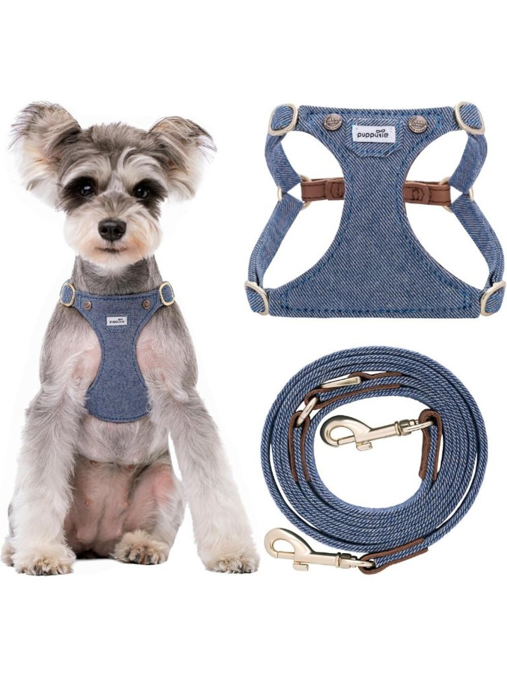 Denim Light Blue Small Dog Harness & Leash Set for Puppies, Adjustable Fit